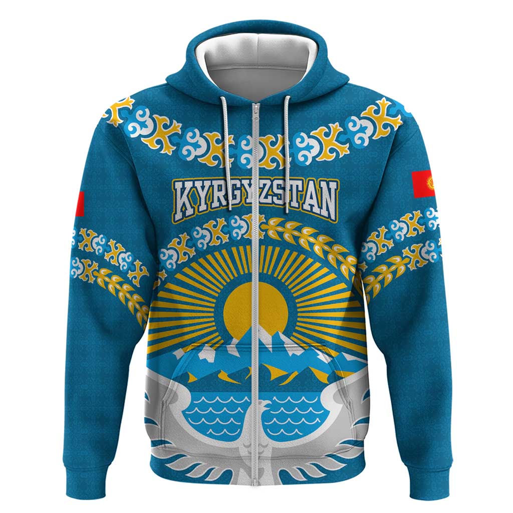 Kyrgyzstan Mountain Sunrise Zip Hoodie with Blue with Eagle, Sun, and National Flag Design