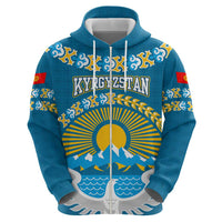 Kyrgyzstan Mountain Sunrise Zip Hoodie with Blue with Eagle, Sun, and National Flag Design