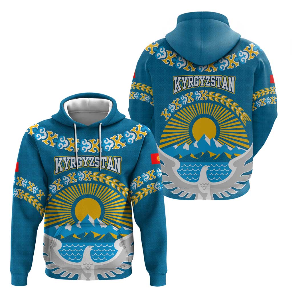 Kyrgyzstan Mountain Sunrise Zip Hoodie with Blue with Eagle, Sun, and National Flag Design