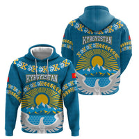 Kyrgyzstan Mountain Sunrise Zip Hoodie with Blue with Eagle, Sun, and National Flag Design