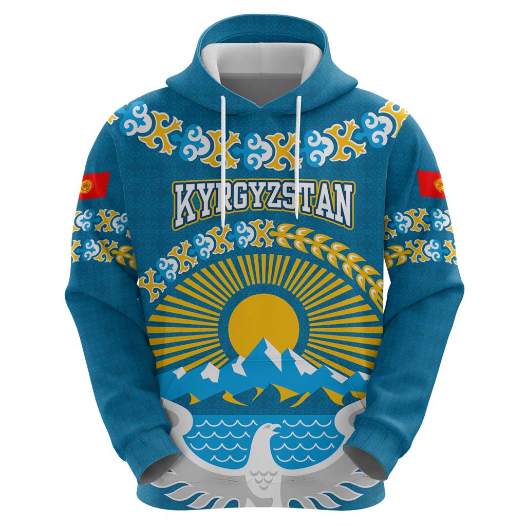 Kyrgyzstan Mountain Sunrise Zip Hoodie with Blue with Eagle, Sun, and National Flag Design