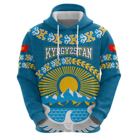 Kyrgyzstan Mountain Sunrise Zip Hoodie with Blue with Eagle, Sun, and National Flag Design