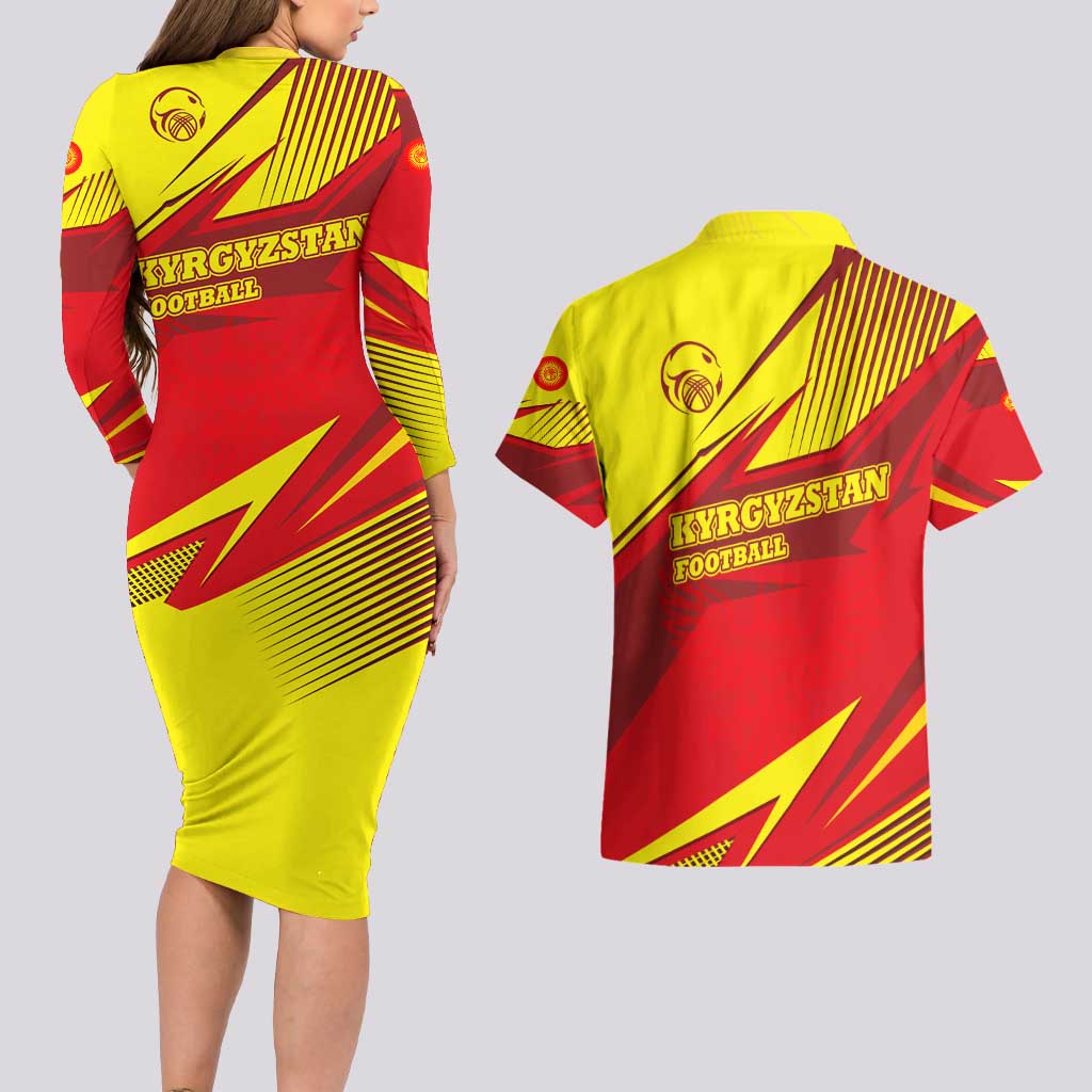 Kyrgyzstan Football Couples Matching Long Sleeve Bodycon Dress and Hawaiian Shirt Red and Yellow Sports with National Emblem Design