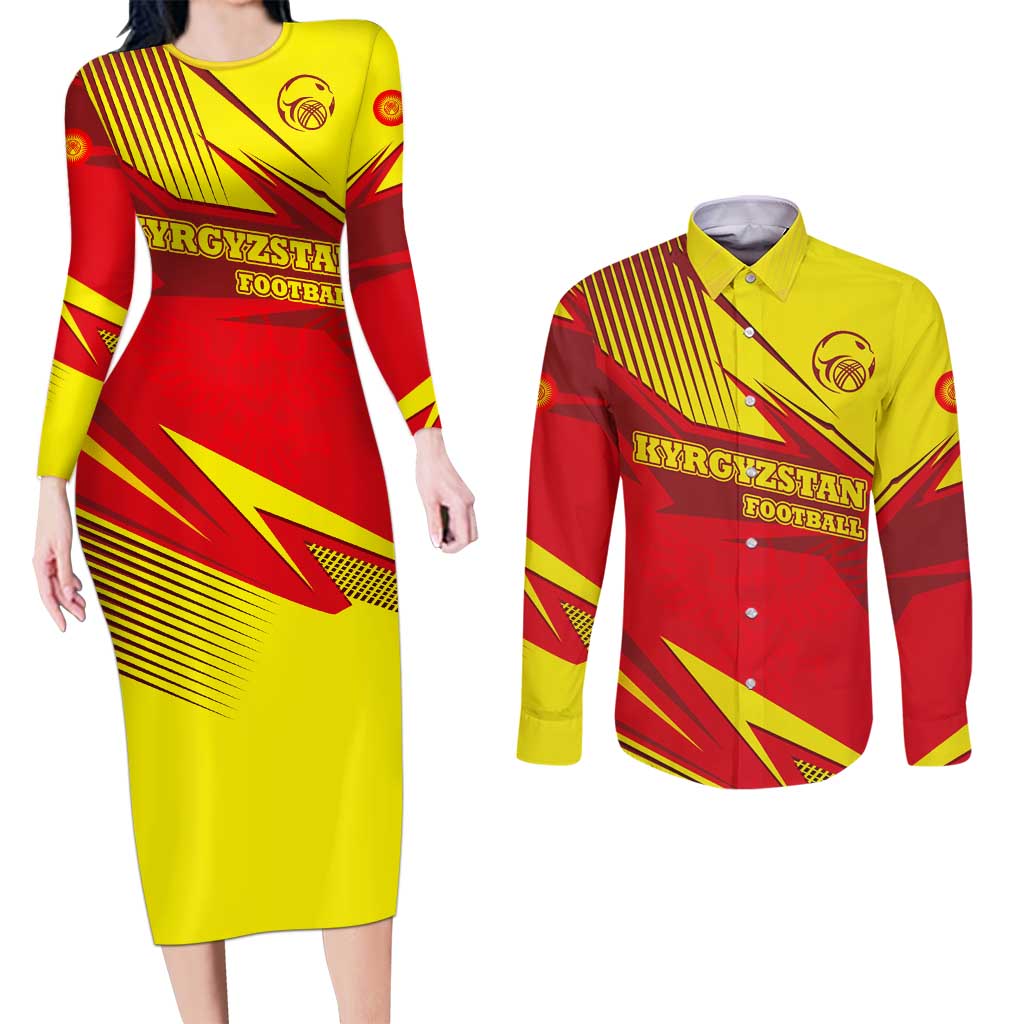 Kyrgyzstan Football Couples Matching Long Sleeve Bodycon Dress and Long Sleeve Button Shirt Red and Yellow Sports with National Emblem Design
