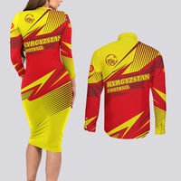 Kyrgyzstan Football Couples Matching Long Sleeve Bodycon Dress and Long Sleeve Button Shirt Red and Yellow Sports with National Emblem Design