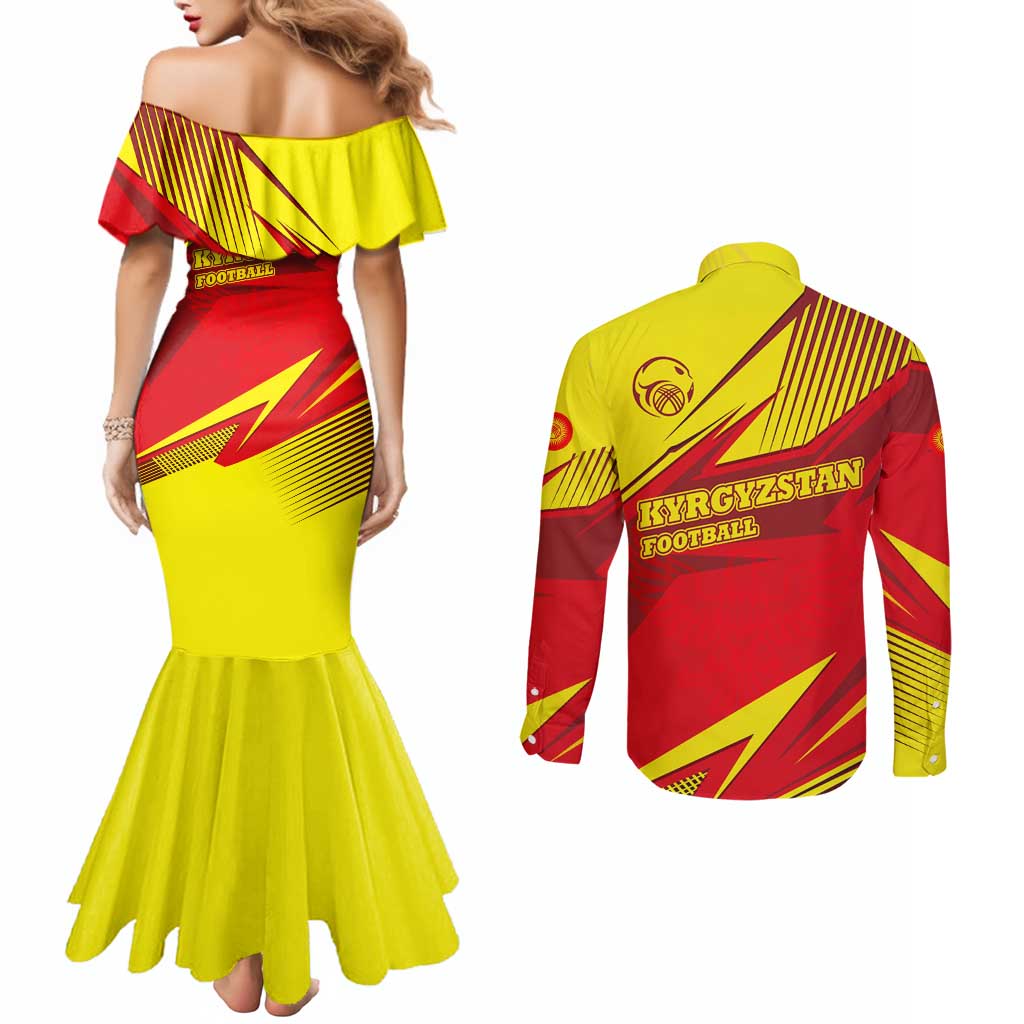 Kyrgyzstan Football Couples Matching Mermaid Dress and Long Sleeve Button Shirt Red and Yellow Sports with National Emblem Design