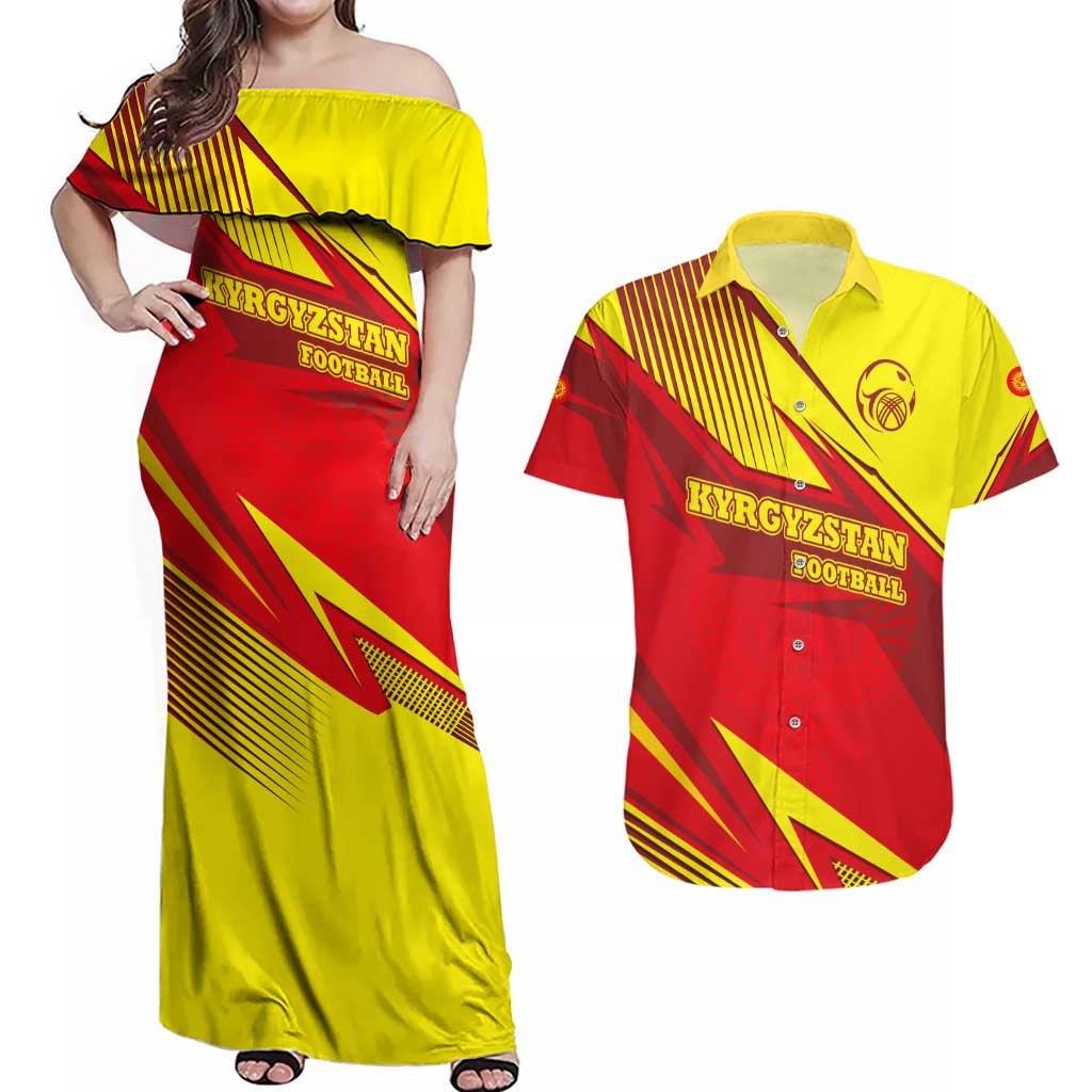Kyrgyzstan Football Couples Matching Off Shoulder Maxi Dress and Hawaiian Shirt Red and Yellow Sports with National Emblem Design