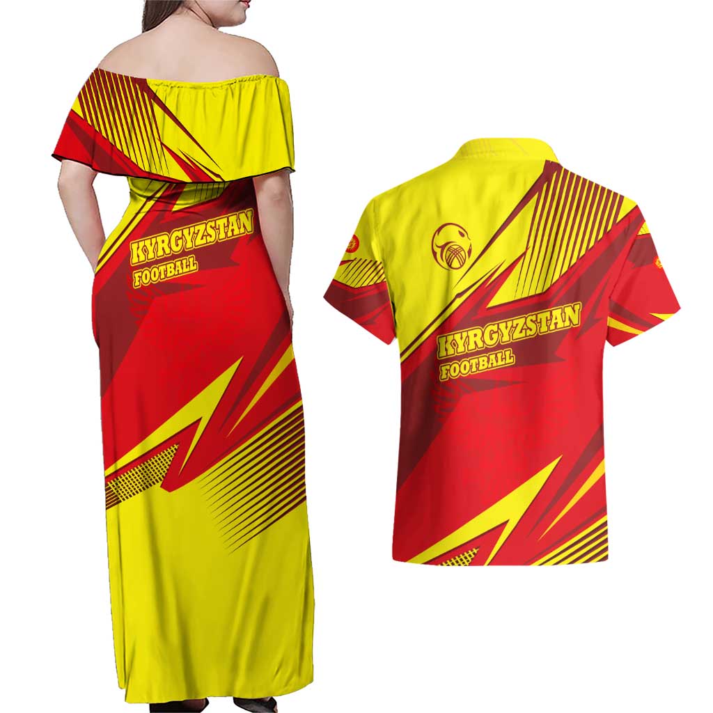 Kyrgyzstan Football Couples Matching Off Shoulder Maxi Dress and Hawaiian Shirt Red and Yellow Sports with National Emblem Design