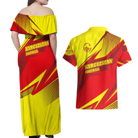 Kyrgyzstan Football Couples Matching Off Shoulder Maxi Dress and Hawaiian Shirt Red and Yellow Sports with National Emblem Design
