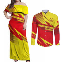 Kyrgyzstan Football Couples Matching Off Shoulder Maxi Dress and Long Sleeve Button Shirt Red and Yellow Sports with National Emblem Design