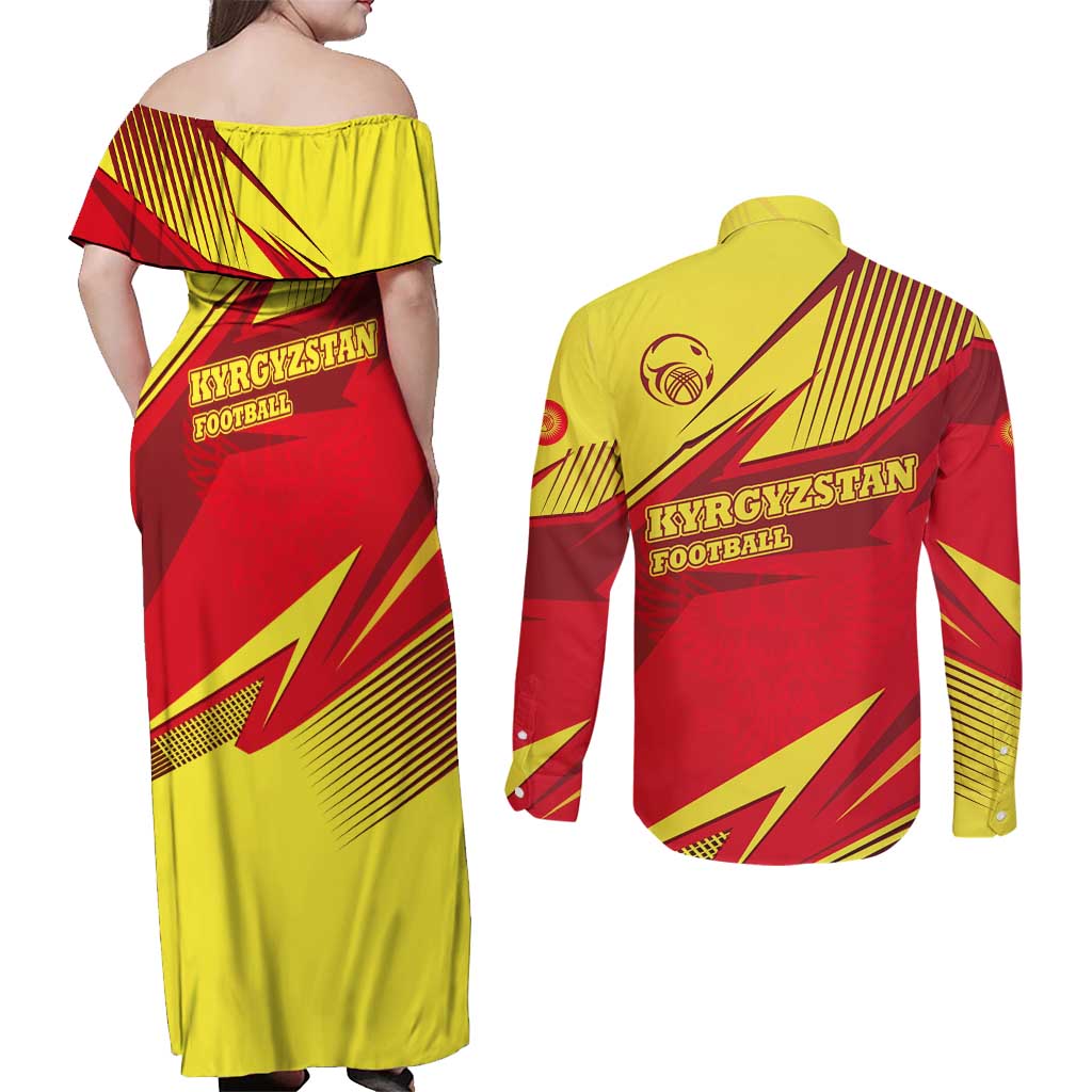 Kyrgyzstan Football Couples Matching Off Shoulder Maxi Dress and Long Sleeve Button Shirt Red and Yellow Sports with National Emblem Design
