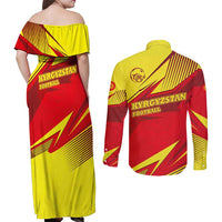 Kyrgyzstan Football Couples Matching Off Shoulder Maxi Dress and Long Sleeve Button Shirt Red and Yellow Sports with National Emblem Design