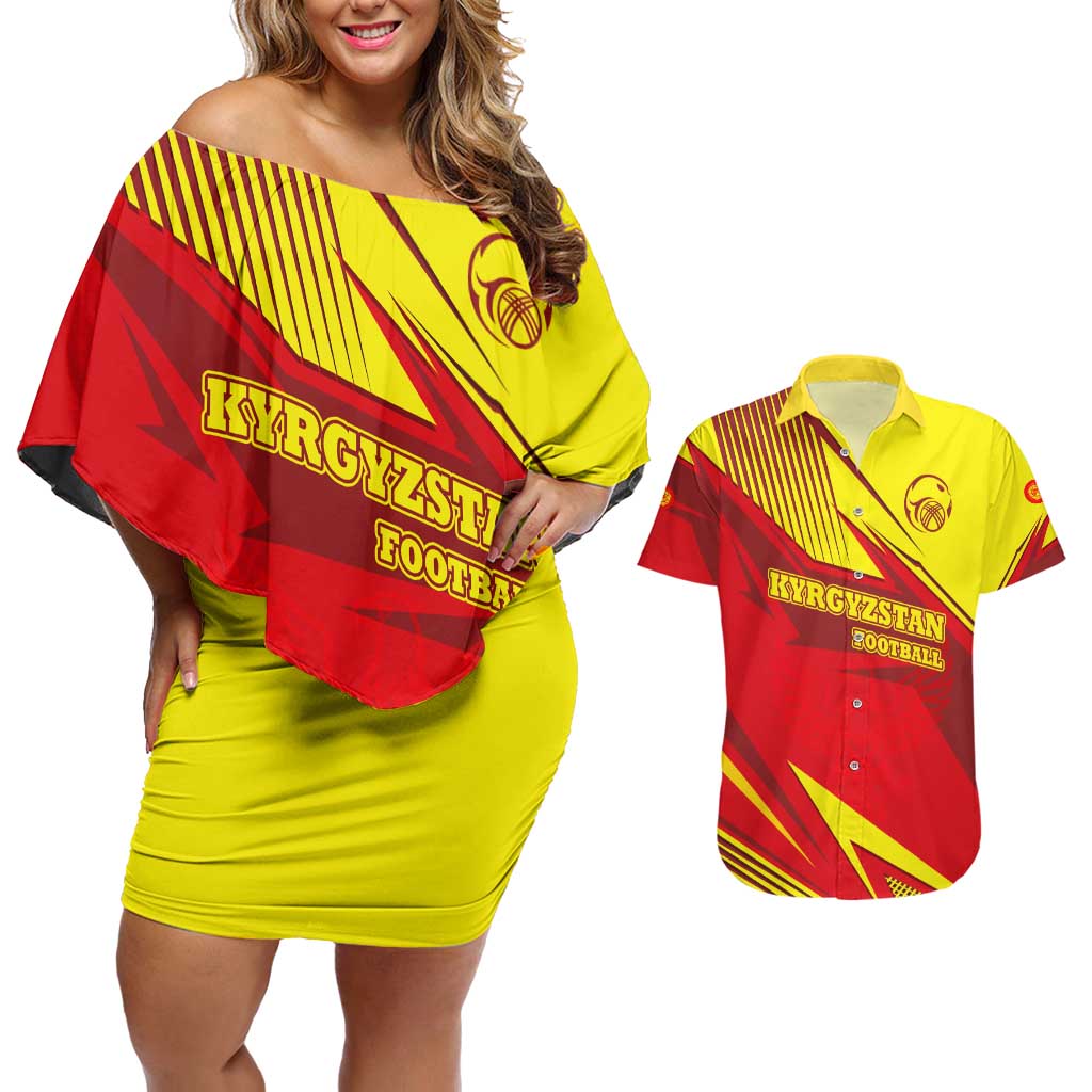 Kyrgyzstan Football Couples Matching Off Shoulder Short Dress and Hawaiian Shirt Red and Yellow Sports with National Emblem Design