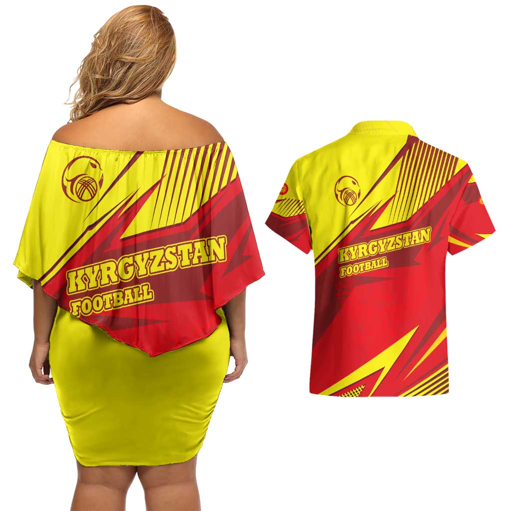 Kyrgyzstan Football Couples Matching Off Shoulder Short Dress and Hawaiian Shirt Red and Yellow Sports with National Emblem Design