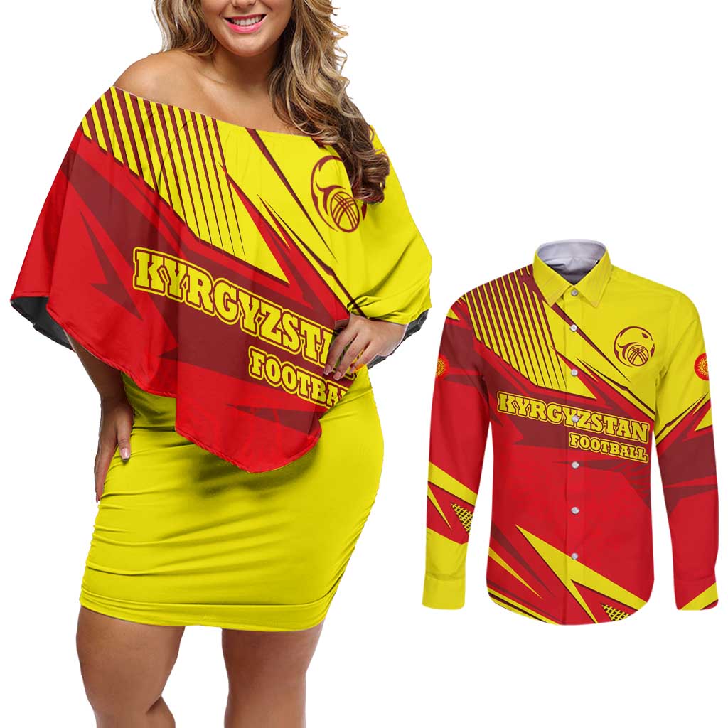 Kyrgyzstan Football Couples Matching Off Shoulder Short Dress and Long Sleeve Button Shirt Red and Yellow Sports with National Emblem Design