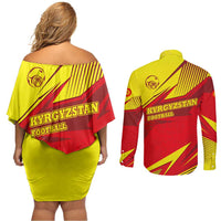 Kyrgyzstan Football Couples Matching Off Shoulder Short Dress and Long Sleeve Button Shirt Red and Yellow Sports with National Emblem Design