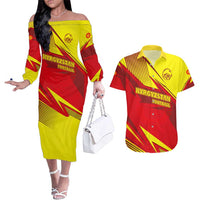 Kyrgyzstan Football Couples Matching Off The Shoulder Long Sleeve Dress and Hawaiian Shirt Red and Yellow Sports with National Emblem Design