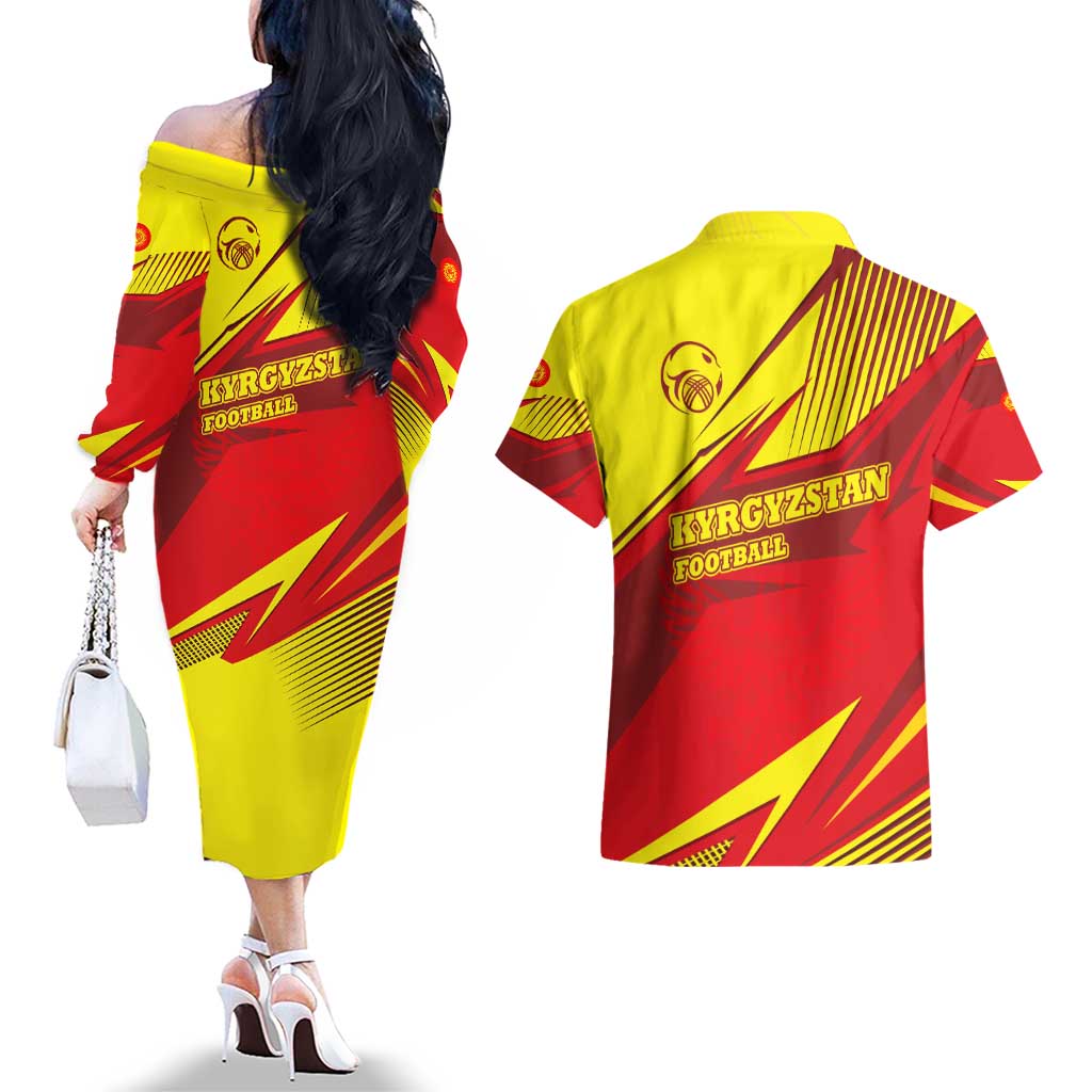 Kyrgyzstan Football Couples Matching Off The Shoulder Long Sleeve Dress and Hawaiian Shirt Red and Yellow Sports with National Emblem Design