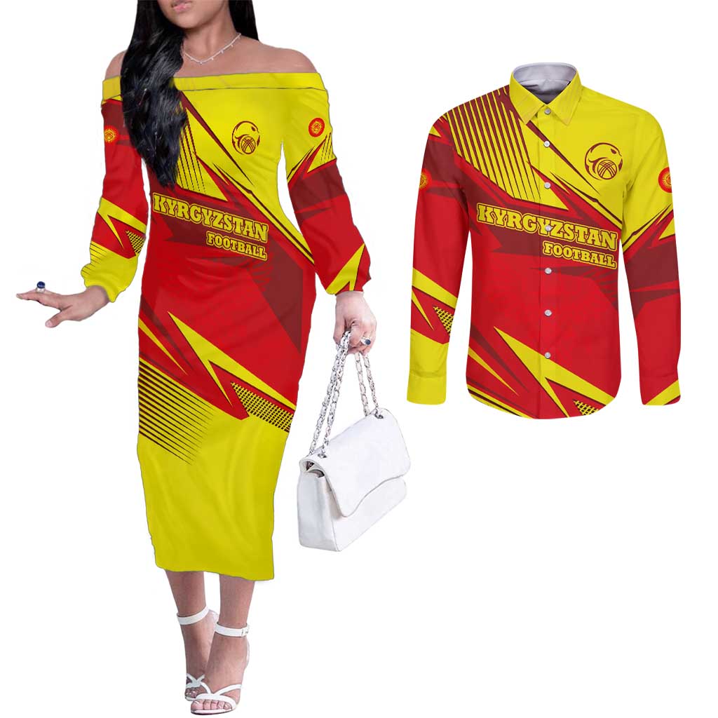 Kyrgyzstan Football Couples Matching Off The Shoulder Long Sleeve Dress and Long Sleeve Button Shirt Red and Yellow Sports with National Emblem Design