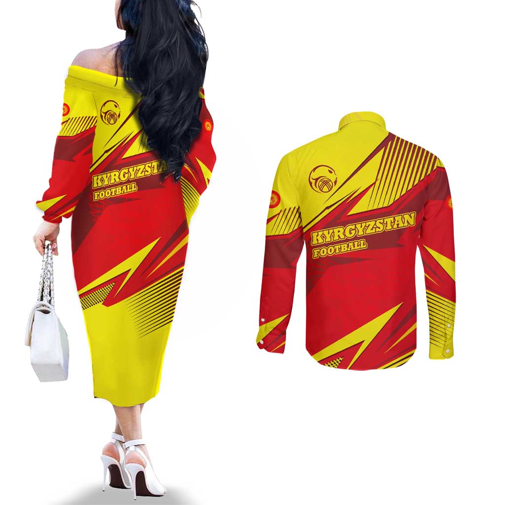 Kyrgyzstan Football Couples Matching Off The Shoulder Long Sleeve Dress and Long Sleeve Button Shirt Red and Yellow Sports with National Emblem Design