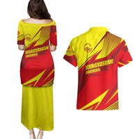 Kyrgyzstan Football Couples Matching Puletasi and Hawaiian Shirt Red and Yellow Sports with National Emblem Design