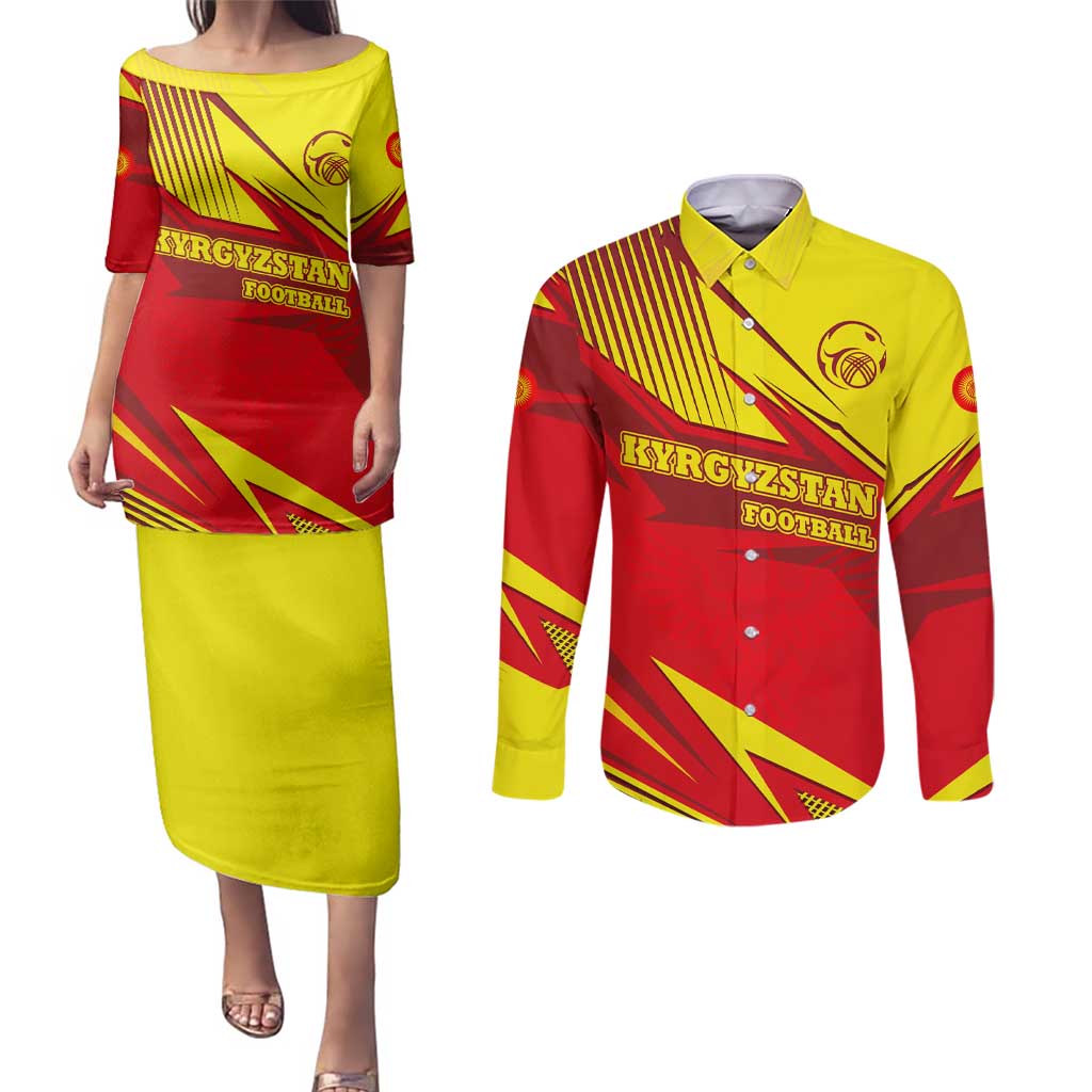 Kyrgyzstan Football Couples Matching Puletasi and Long Sleeve Button Shirt Red and Yellow Sports with National Emblem Design