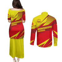 Kyrgyzstan Football Couples Matching Puletasi and Long Sleeve Button Shirt Red and Yellow Sports with National Emblem Design