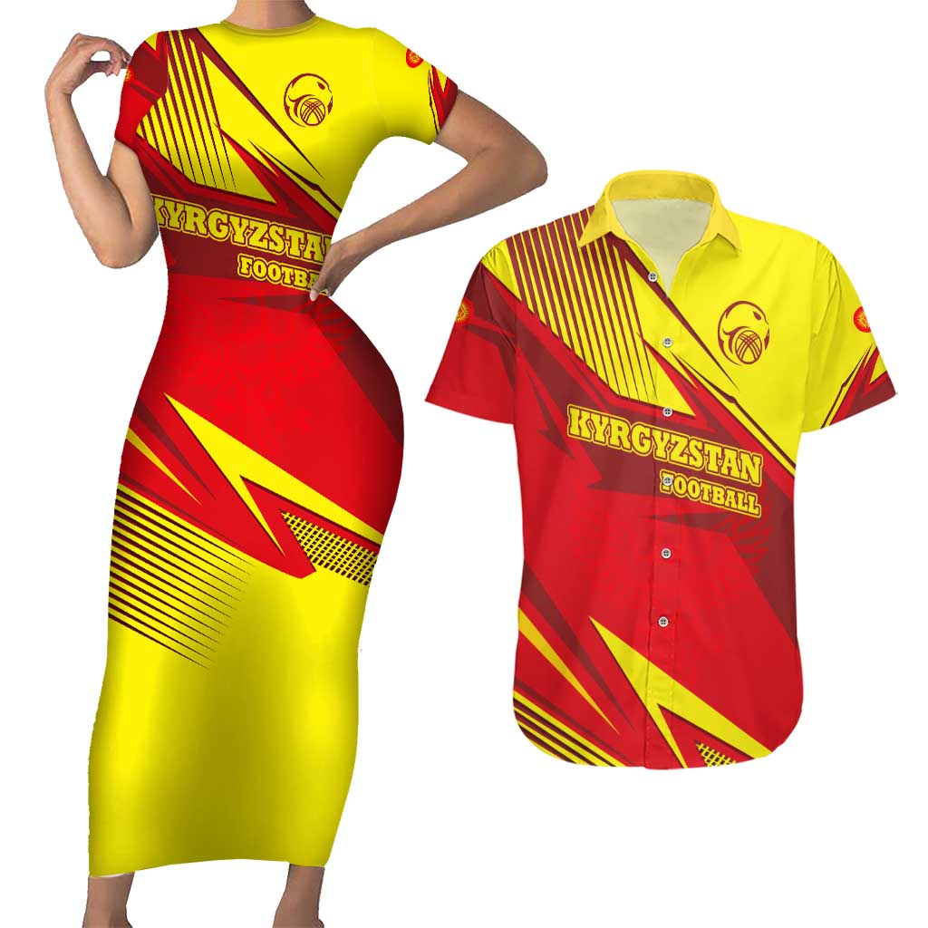 Kyrgyzstan Football Couples Matching Short Sleeve Bodycon Dress and Hawaiian Shirt Red and Yellow Sports with National Emblem Design