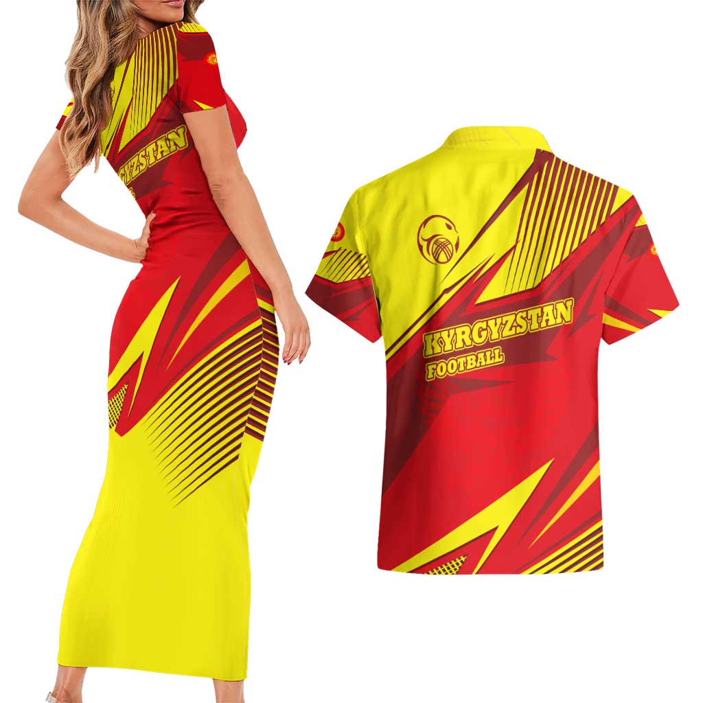 Kyrgyzstan Football Couples Matching Short Sleeve Bodycon Dress and Hawaiian Shirt Red and Yellow Sports with National Emblem Design