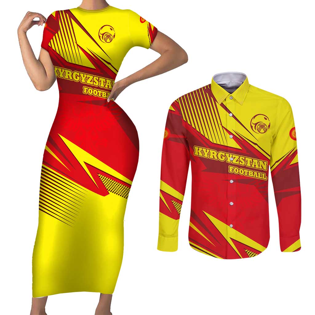 Kyrgyzstan Football Couples Matching Short Sleeve Bodycon Dress and Long Sleeve Button Shirt Red and Yellow Sports with National Emblem Design