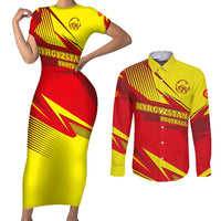 Kyrgyzstan Football Couples Matching Short Sleeve Bodycon Dress and Long Sleeve Button Shirt Red and Yellow Sports with National Emblem Design