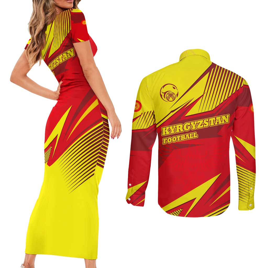 Kyrgyzstan Football Couples Matching Short Sleeve Bodycon Dress and Long Sleeve Button Shirt Red and Yellow Sports with National Emblem Design