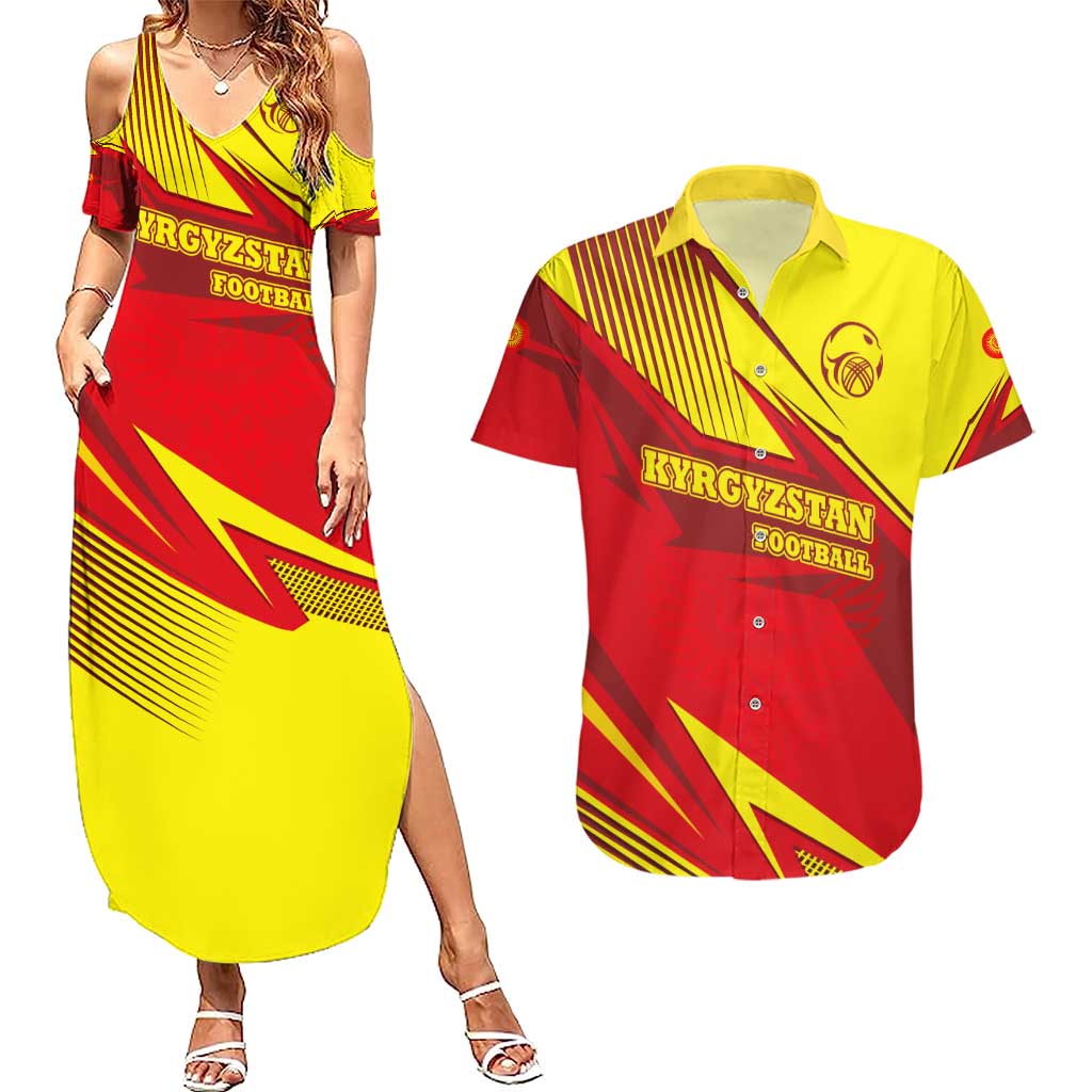 Kyrgyzstan Football Couples Matching Summer Maxi Dress and Hawaiian Shirt Red and Yellow Sports with National Emblem Design