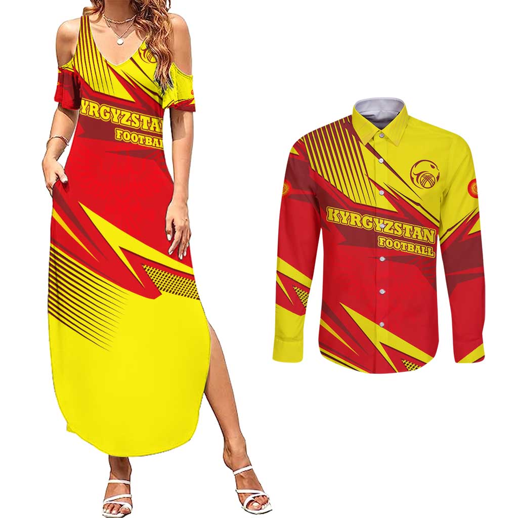 Kyrgyzstan Football Couples Matching Summer Maxi Dress and Long Sleeve Button Shirt Red and Yellow Sports with National Emblem Design