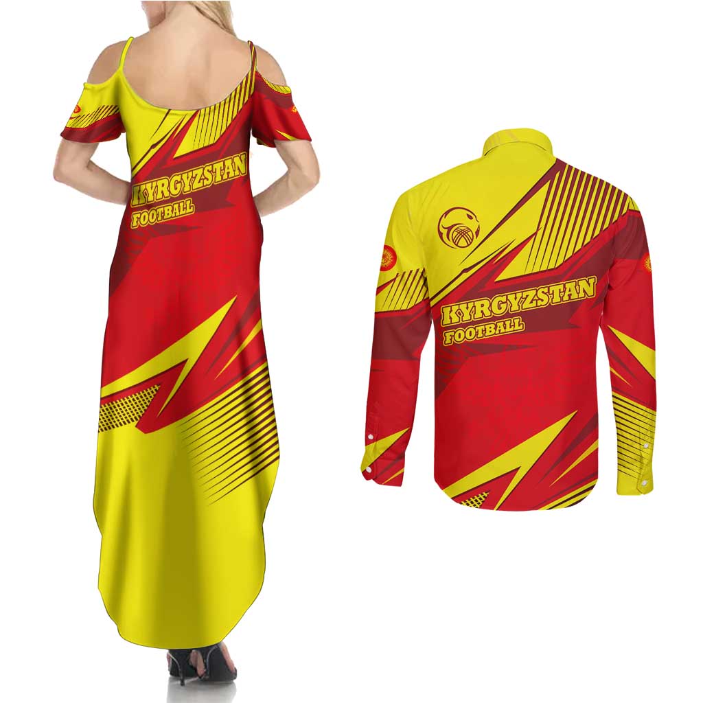 Kyrgyzstan Football Couples Matching Summer Maxi Dress and Long Sleeve Button Shirt Red and Yellow Sports with National Emblem Design