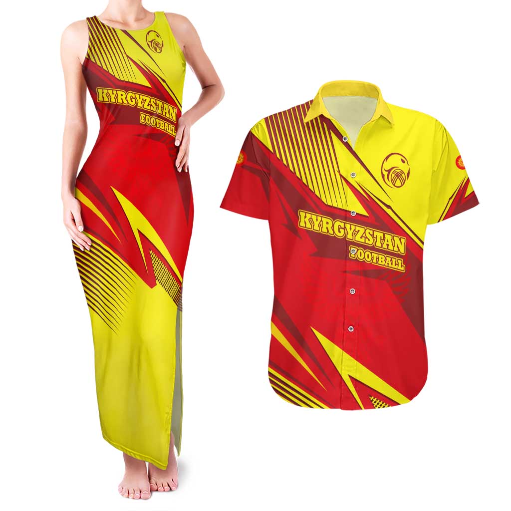 Kyrgyzstan Football Couples Matching Tank Maxi Dress and Hawaiian Shirt Red and Yellow Sports with National Emblem Design