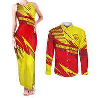 Kyrgyzstan Football Couples Matching Tank Maxi Dress and Long Sleeve Button Shirt Red and Yellow Sports with National Emblem Design