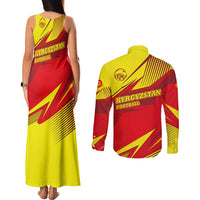 Kyrgyzstan Football Couples Matching Tank Maxi Dress and Long Sleeve Button Shirt Red and Yellow Sports with National Emblem Design