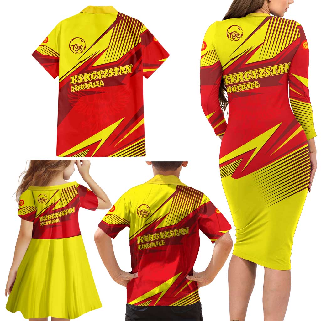Kyrgyzstan Football Family Matching Long Sleeve Bodycon Dress and Hawaiian Shirt Red and Yellow Sports with National Emblem Design