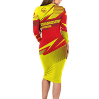 Kyrgyzstan Football Family Matching Long Sleeve Bodycon Dress and Hawaiian Shirt Red and Yellow Sports with National Emblem Design