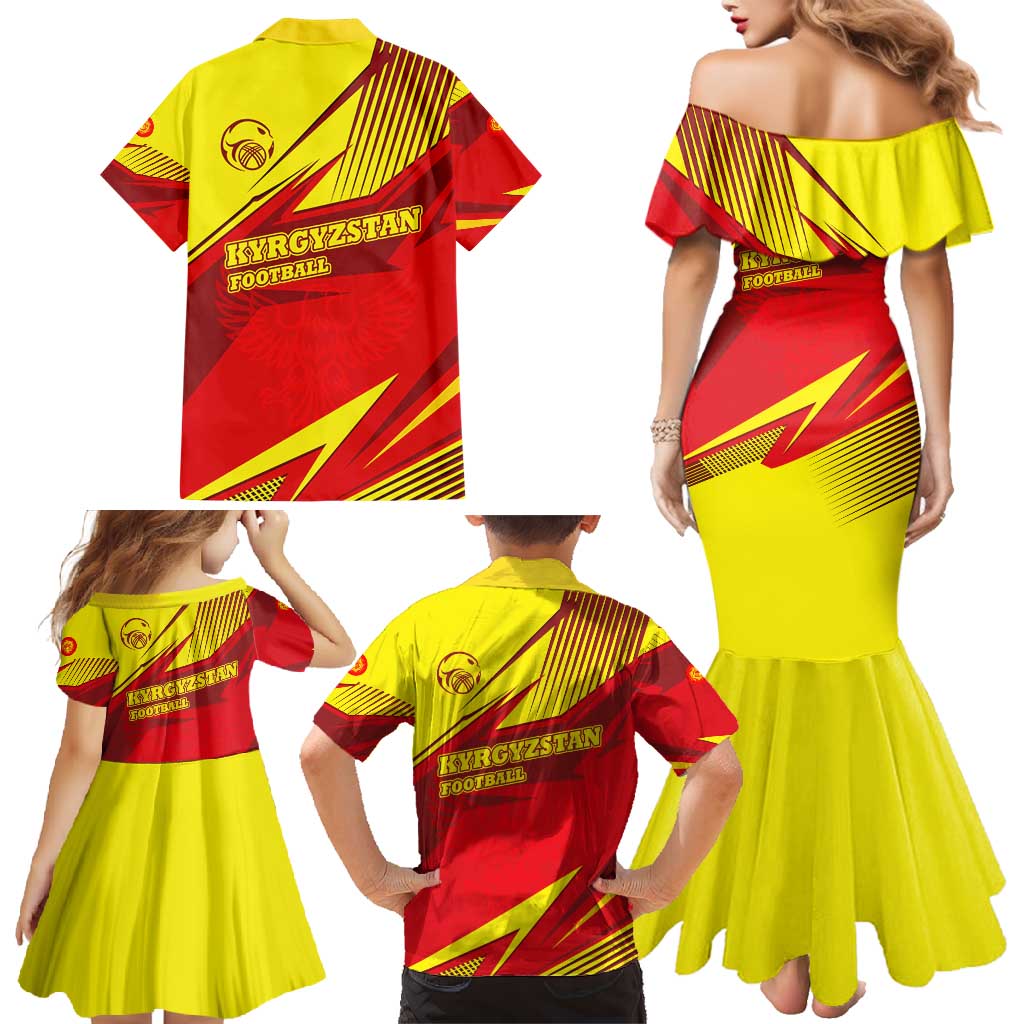 Kyrgyzstan Football Family Matching Mermaid Dress and Hawaiian Shirt Red and Yellow Sports with National Emblem Design