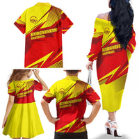 Kyrgyzstan Football Family Matching Off The Shoulder Long Sleeve Dress and Hawaiian Shirt Red and Yellow Sports with National Emblem Design