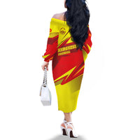 Kyrgyzstan Football Family Matching Off The Shoulder Long Sleeve Dress and Hawaiian Shirt Red and Yellow Sports with National Emblem Design
