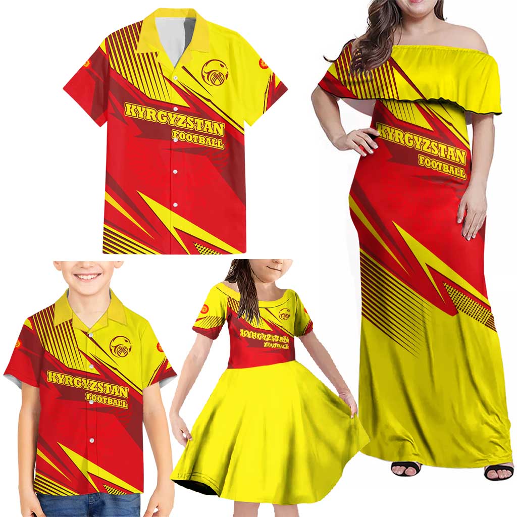 Kyrgyzstan Football Family Matching Off Shoulder Maxi Dress and Hawaiian Shirt Red and Yellow Sports with National Emblem Design