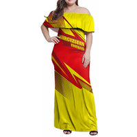 Kyrgyzstan Football Family Matching Off Shoulder Maxi Dress and Hawaiian Shirt Red and Yellow Sports with National Emblem Design