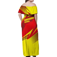 Kyrgyzstan Football Family Matching Off Shoulder Maxi Dress and Hawaiian Shirt Red and Yellow Sports with National Emblem Design