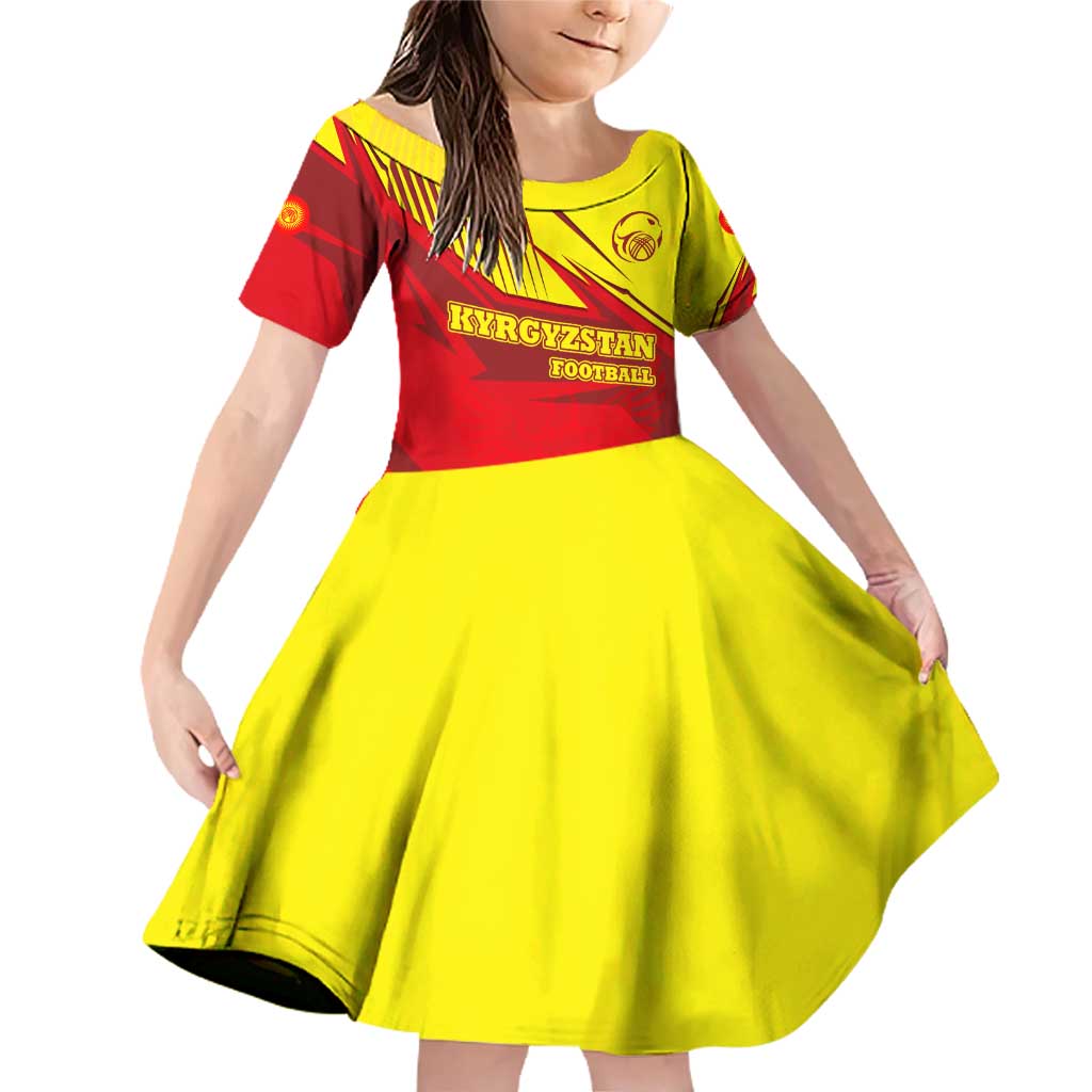 Kyrgyzstan Football Family Matching Off Shoulder Short Dress and Hawaiian Shirt Red and Yellow Sports with National Emblem Design