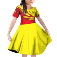 Kyrgyzstan Football Family Matching Off Shoulder Short Dress and Hawaiian Shirt Red and Yellow Sports with National Emblem Design