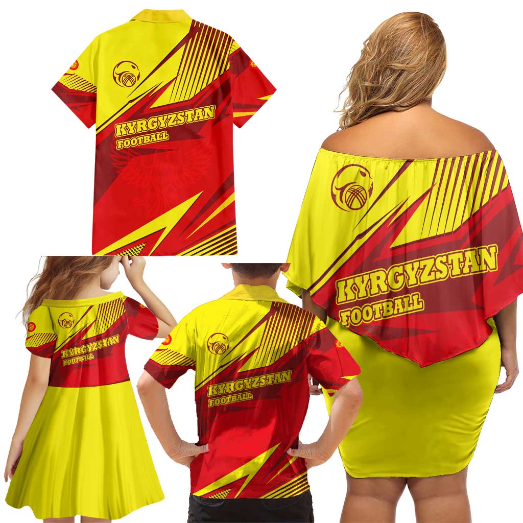 Kyrgyzstan Football Family Matching Off Shoulder Short Dress and Hawaiian Shirt Red and Yellow Sports with National Emblem Design