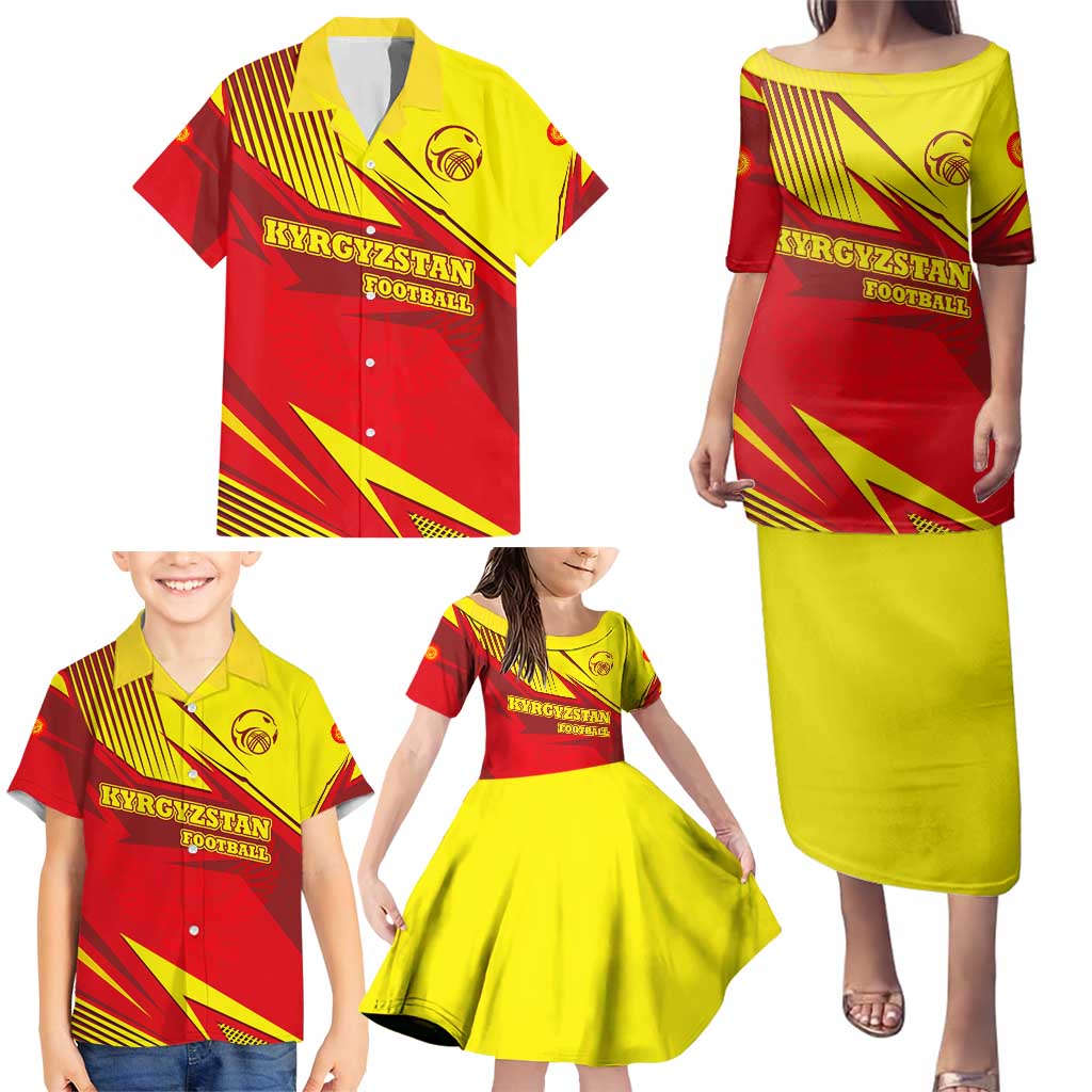 Kyrgyzstan Football Family Matching Puletasi and Hawaiian Shirt Red and Yellow Sports with National Emblem Design
